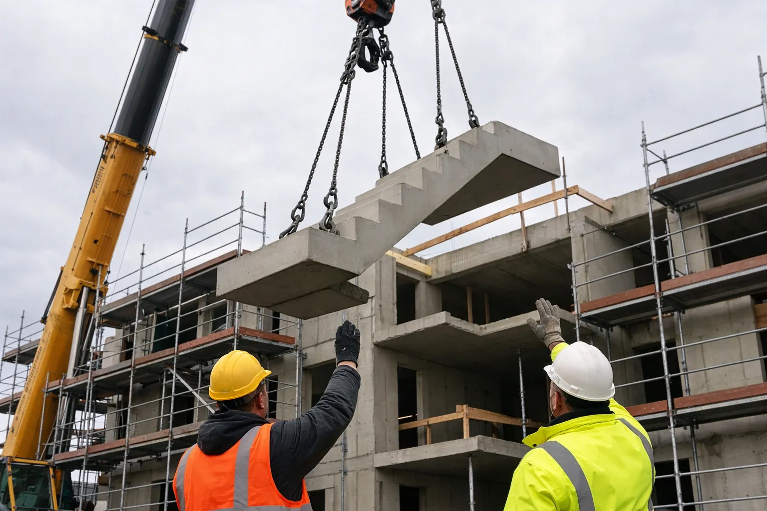 Autokran hebt eine vorgefertigte Betontreppe auf die Rohbau-Baustelle eines Mehrfamilienhauses