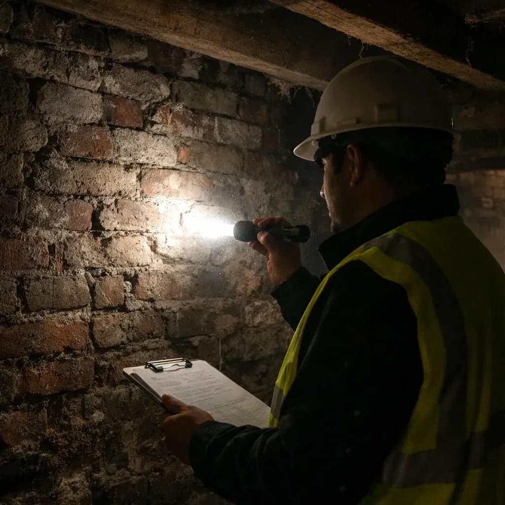 Bauleiter inspiziert die Bausubstanz eines Altbaus von innen, notiert Befunde auf einem Klemmbrett