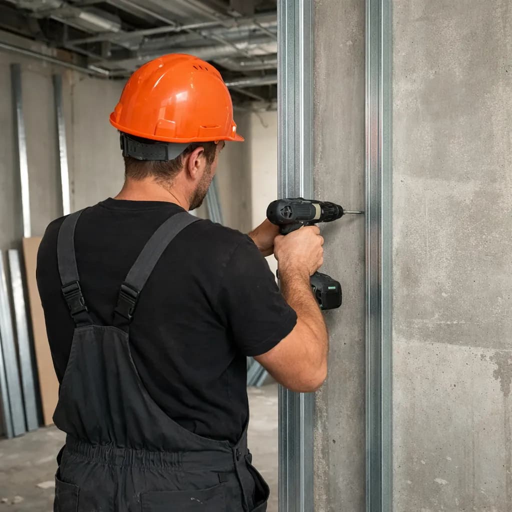 Trockenbauer montiert Metallständerwerk und Gipskartonplatten