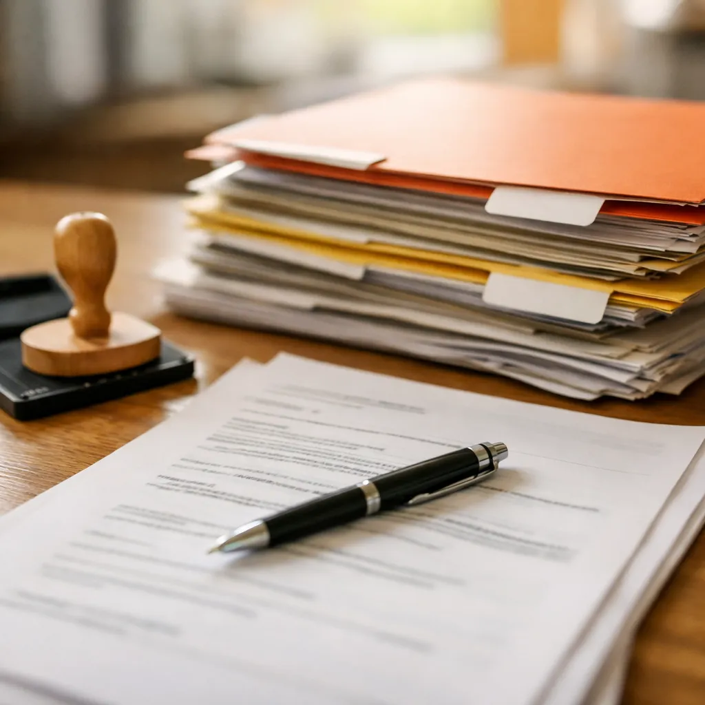 Abbruchgenehmigungsbescheid vom Bauamt auf einem Schreibtisch neben Stempel und Bauplan