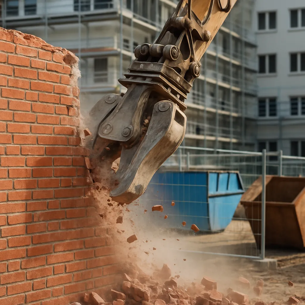 Bagger reißt kontrolliert eine Ziegelwand eines Altbaus ab