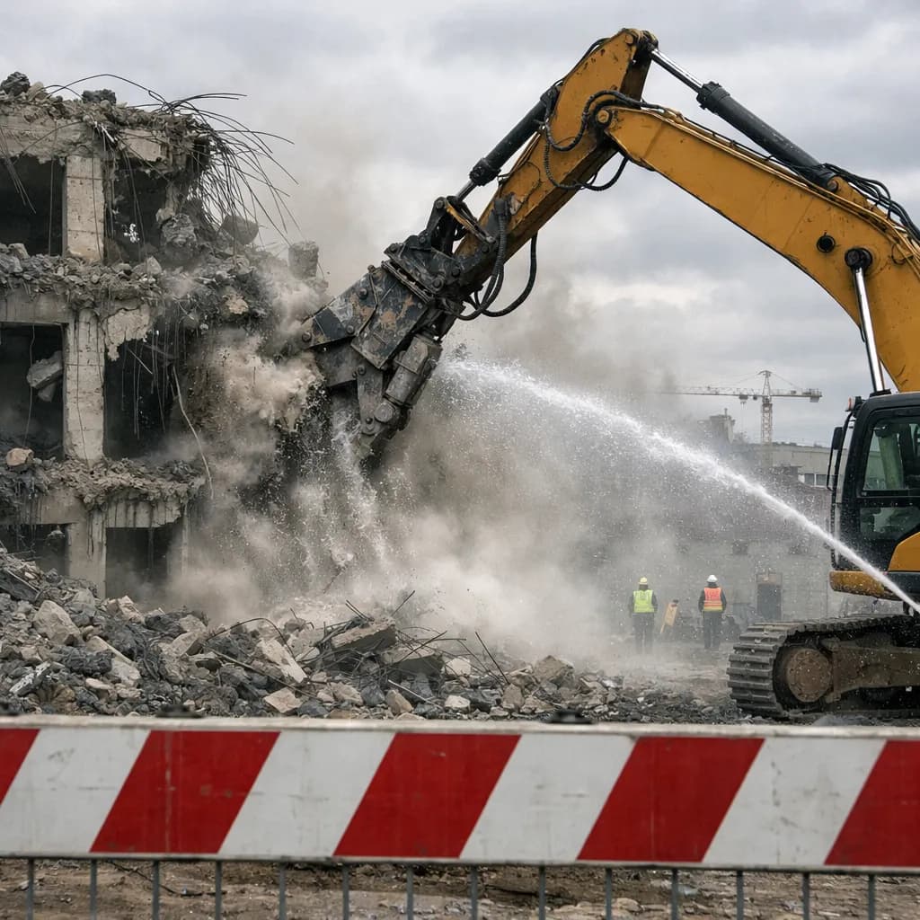 Baggergreifer demontiert gezielt eine Zwischenwand in einem Bestandsgebäude, Staubschutzfolie an den Seiten