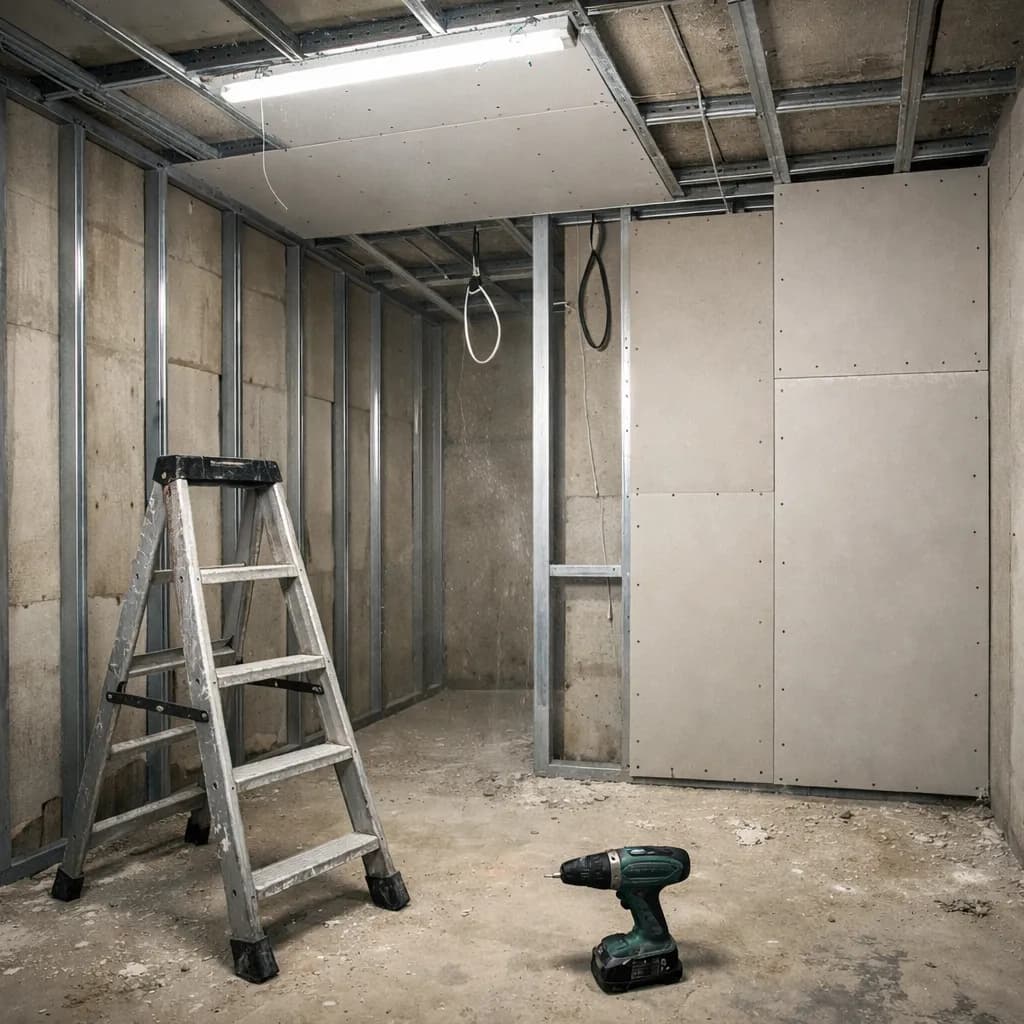 Zwei Handwerker montieren eine abgehängte Decke aus Gipskartonplatten in einem Büroraum, LED-Spots bereits vorbereitet