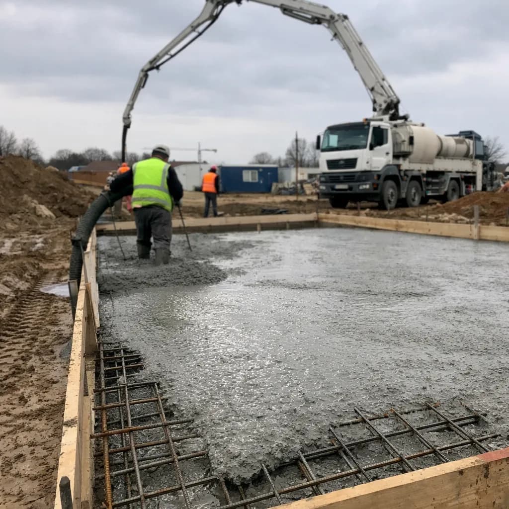Betonmischer liefert Frischbeton auf die Baustelle, Arbeiter führen den Beton über eine Pumpenleitung in die Schalung