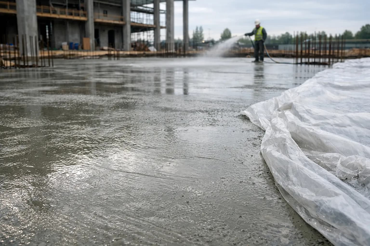 Frisch gegossene Betondecke wird mit Folie abgedeckt und bewässert zur kontrollierten Aushärtung