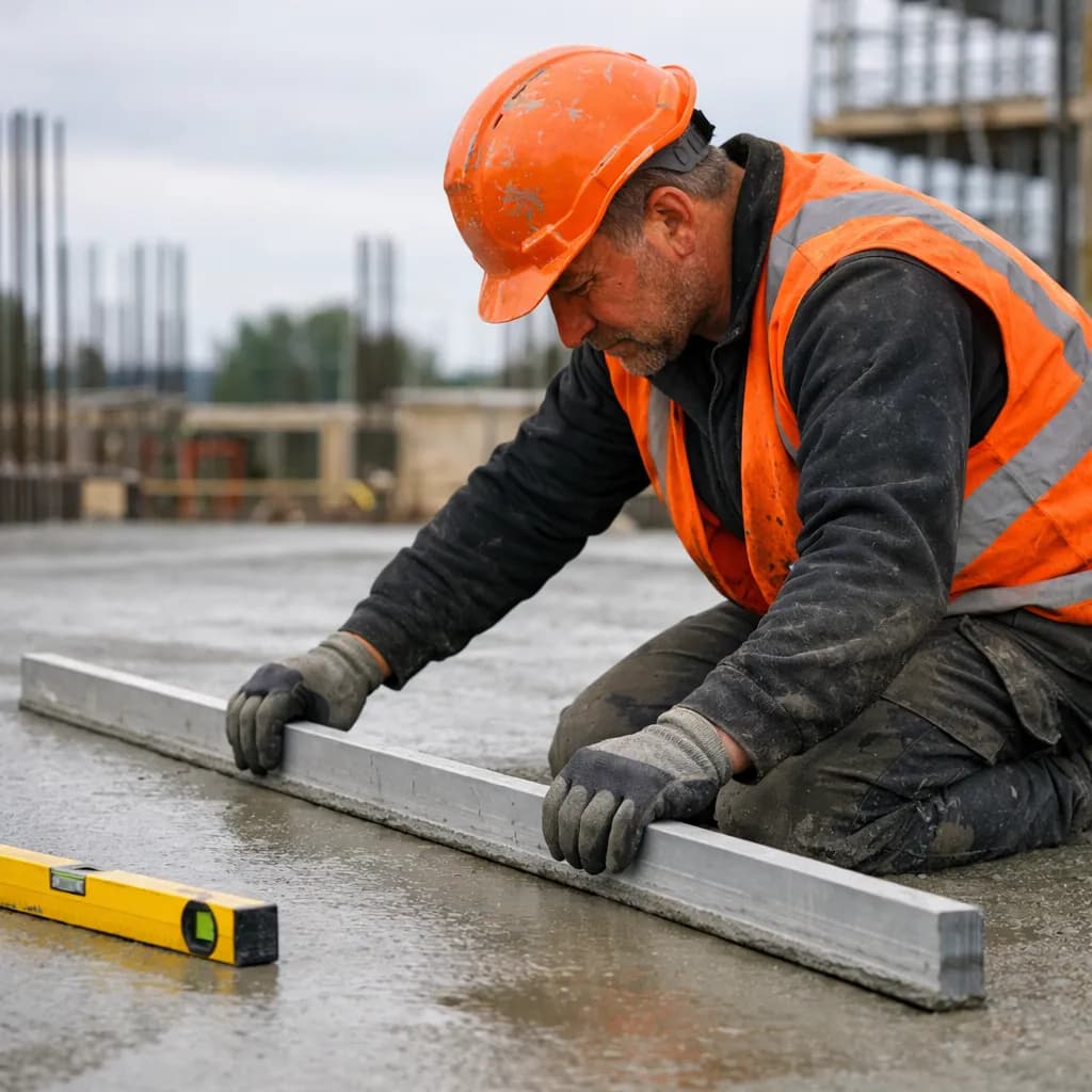 Bauleiter misst mit einer Richtlatte die Ebenheit eines fertig gegossenen Industriebodens in einer Halle