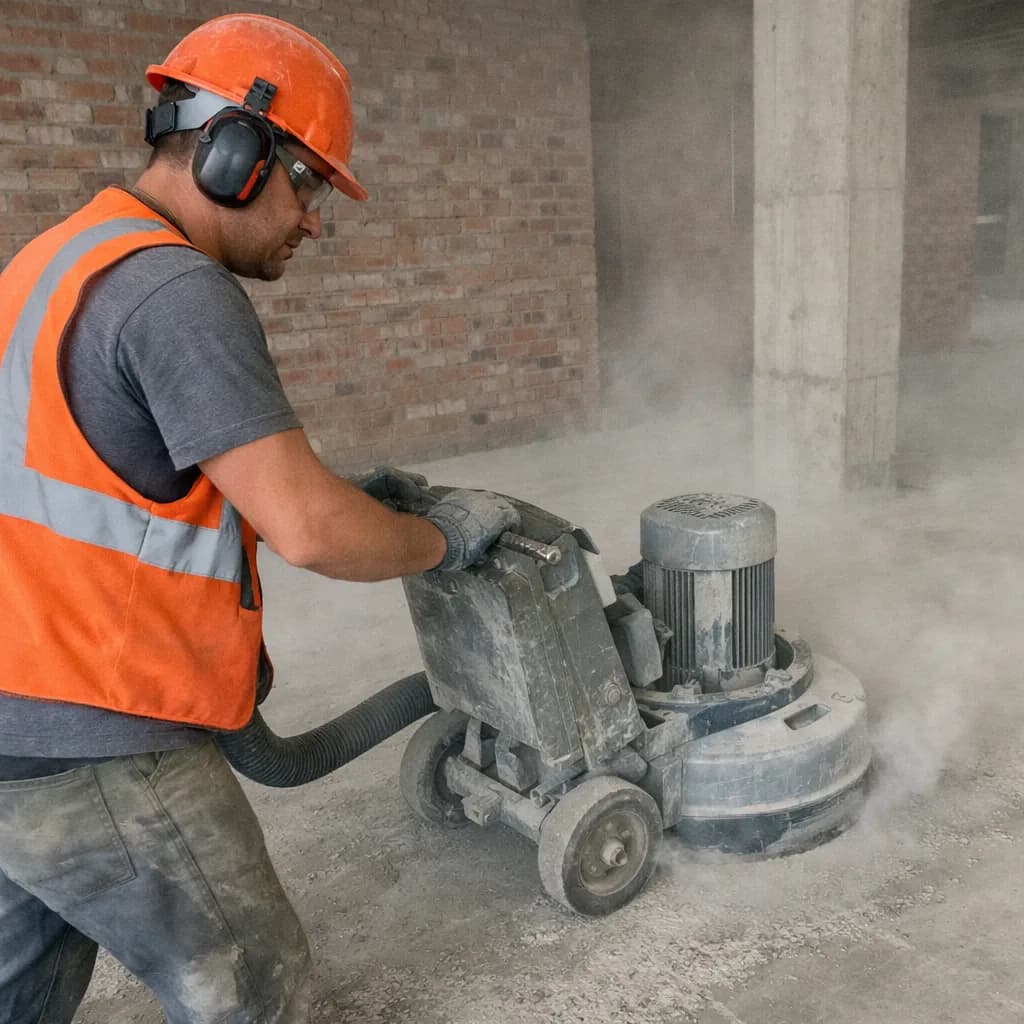 Arbeiter fräst mit einer Betonfräse die Oberfläche eines alten Industriebodens, Staub und Frässpäne sichtbar