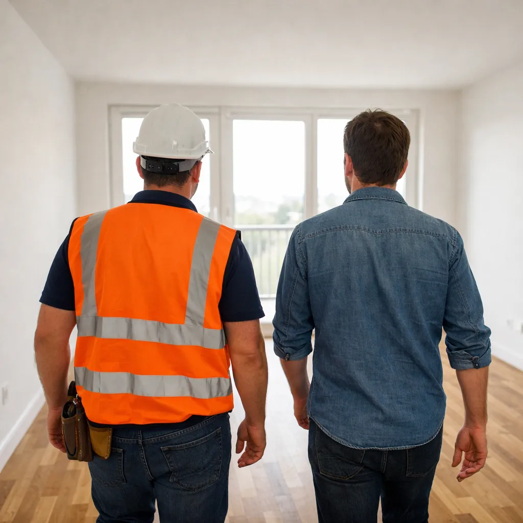 Bauleiter und Hausbesitzer begehen gemeinsam eine frisch sanierte Wohnung mit neuen Fenstern und verputzten Wänden