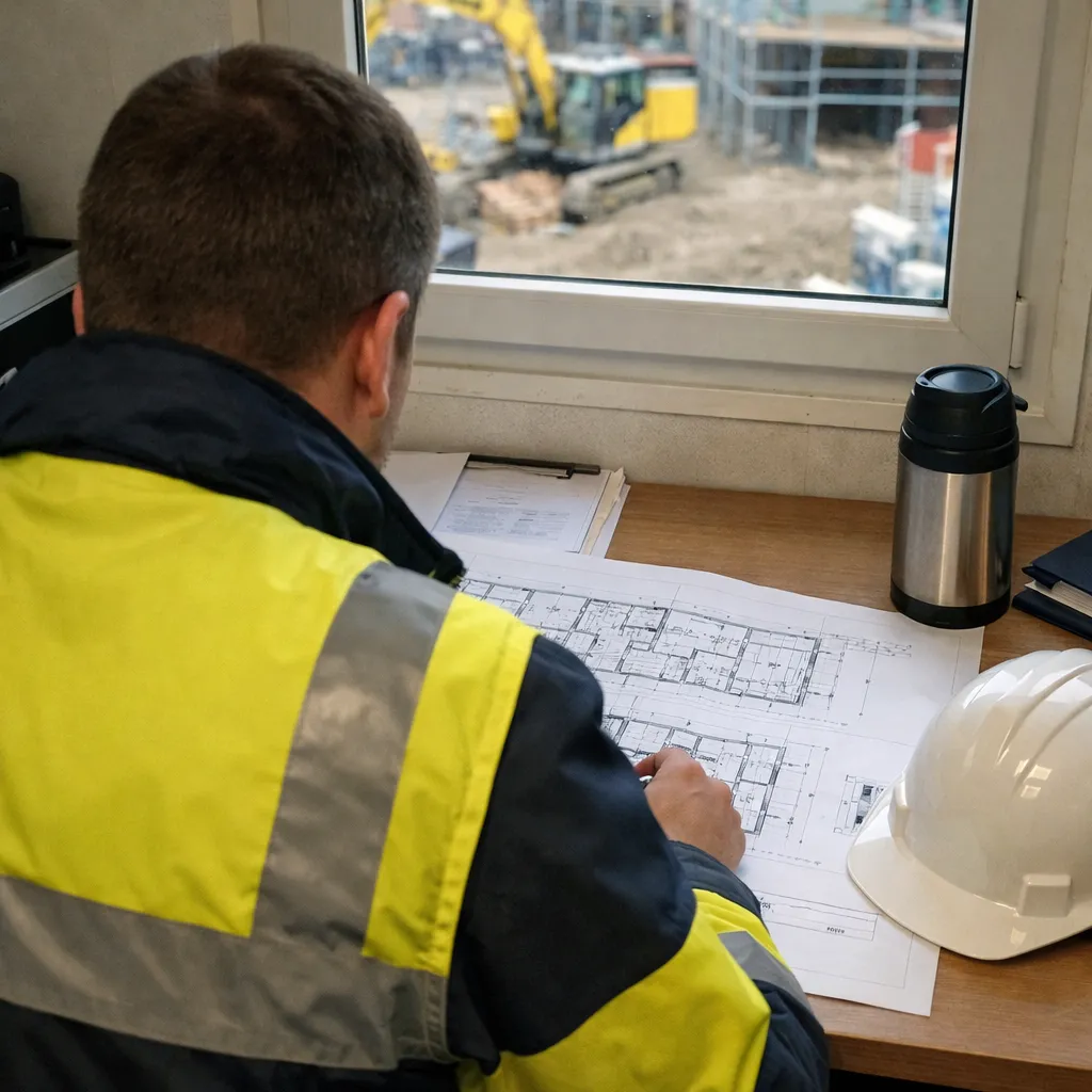 Bauleiter präsentiert dem Bauherrn ein Sanierungskonzept mit Vorher-Nachher-Zeichnungen am Laptop