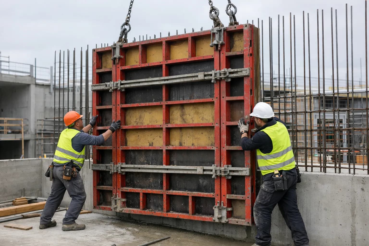 Zwei Facharbeiter montieren eine große Wandschalung mit Kranunterstützung, Bewehrungseisen sichtbar