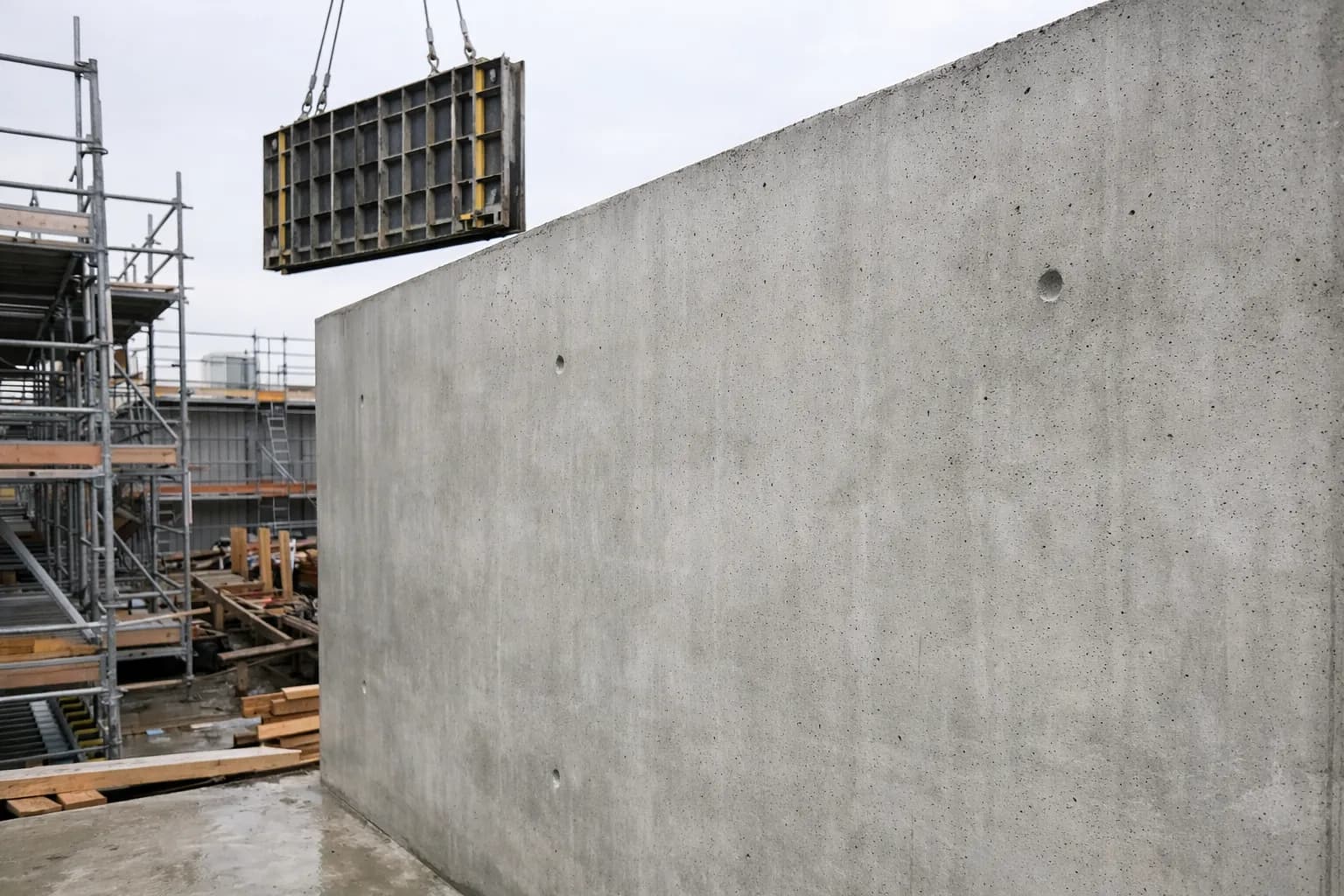 Frisch ausgeschalte Betonwand mit glatter Oberfläche, Schalungselemente werden per Kran abtransportiert