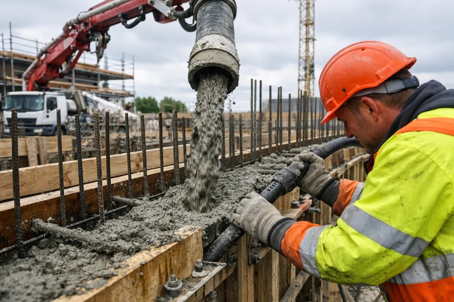 Betonpumpe füllt frischen Beton in eine eingeschalte Wand, Arbeiter verdichtet mit Rüttler