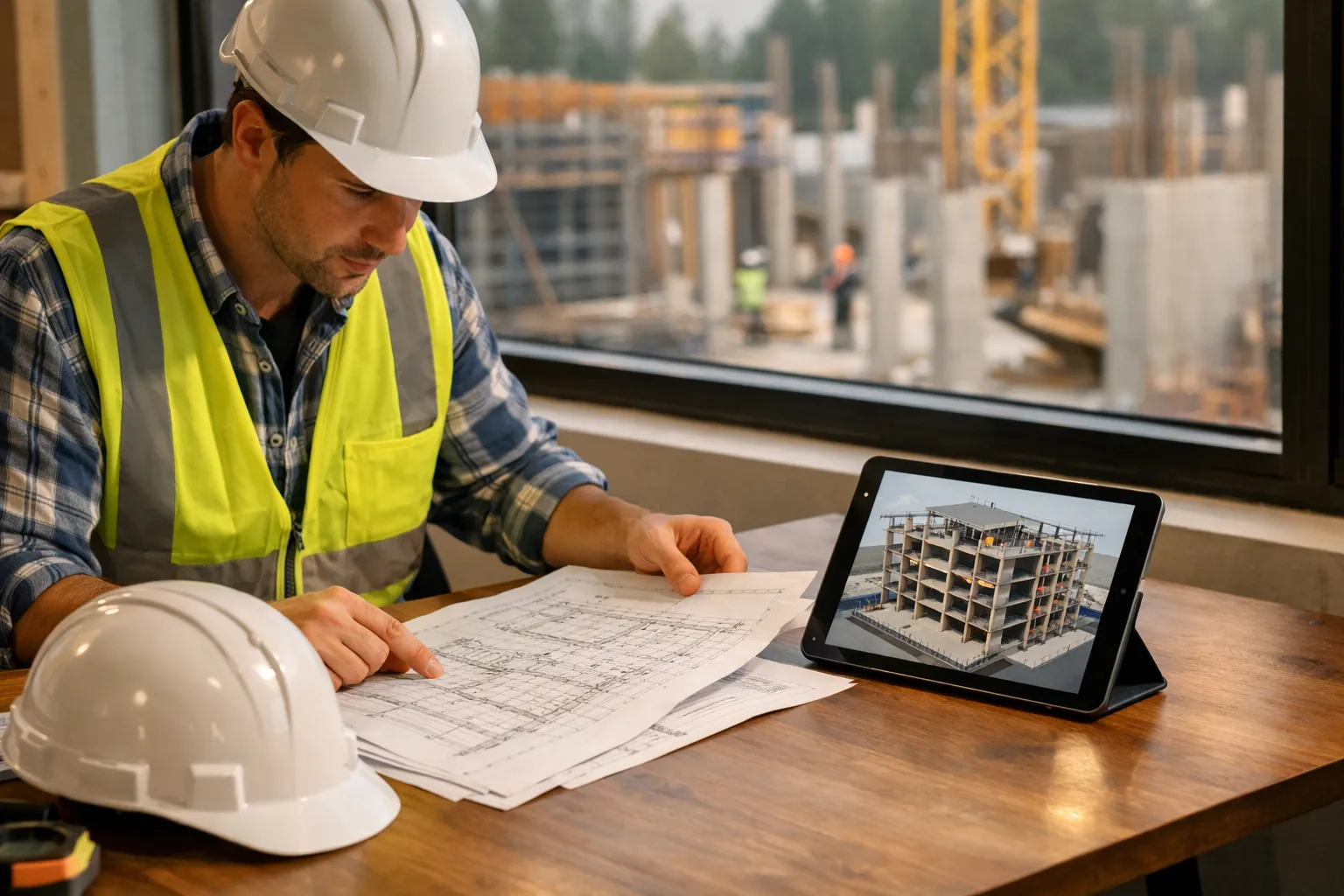 Bauingenieur prüft Schalungspläne auf einem Tisch neben einem Tablet mit 3D-Modell, Baustelle im Hintergrund