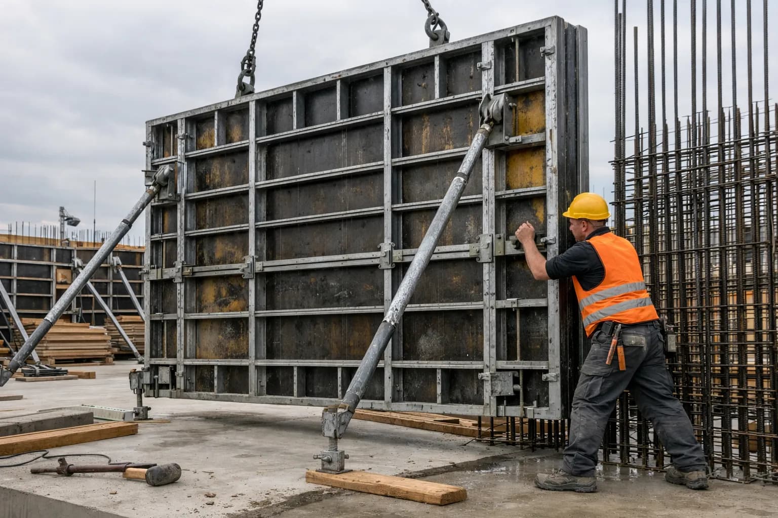 Facharbeiter positioniert eine große Wandschalung aus Stahl auf einer Betonbaustelle