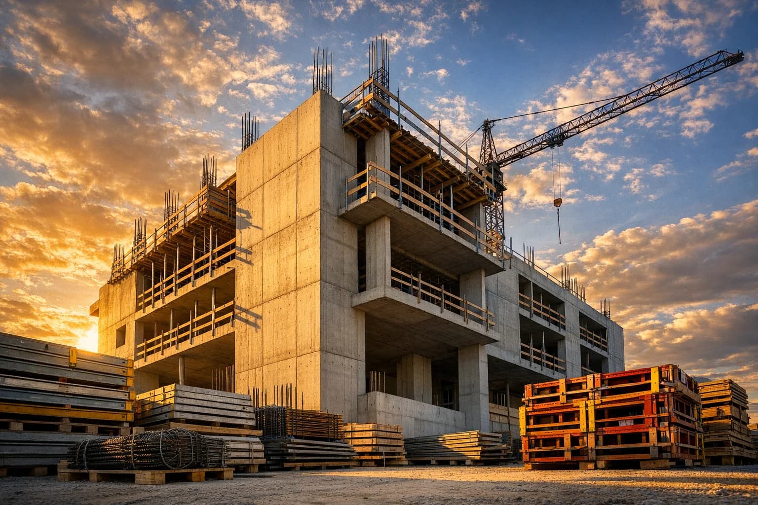 Rohbau eines mehrgeschossigen Gebäudes mit Turmdrehkran im Abendlicht