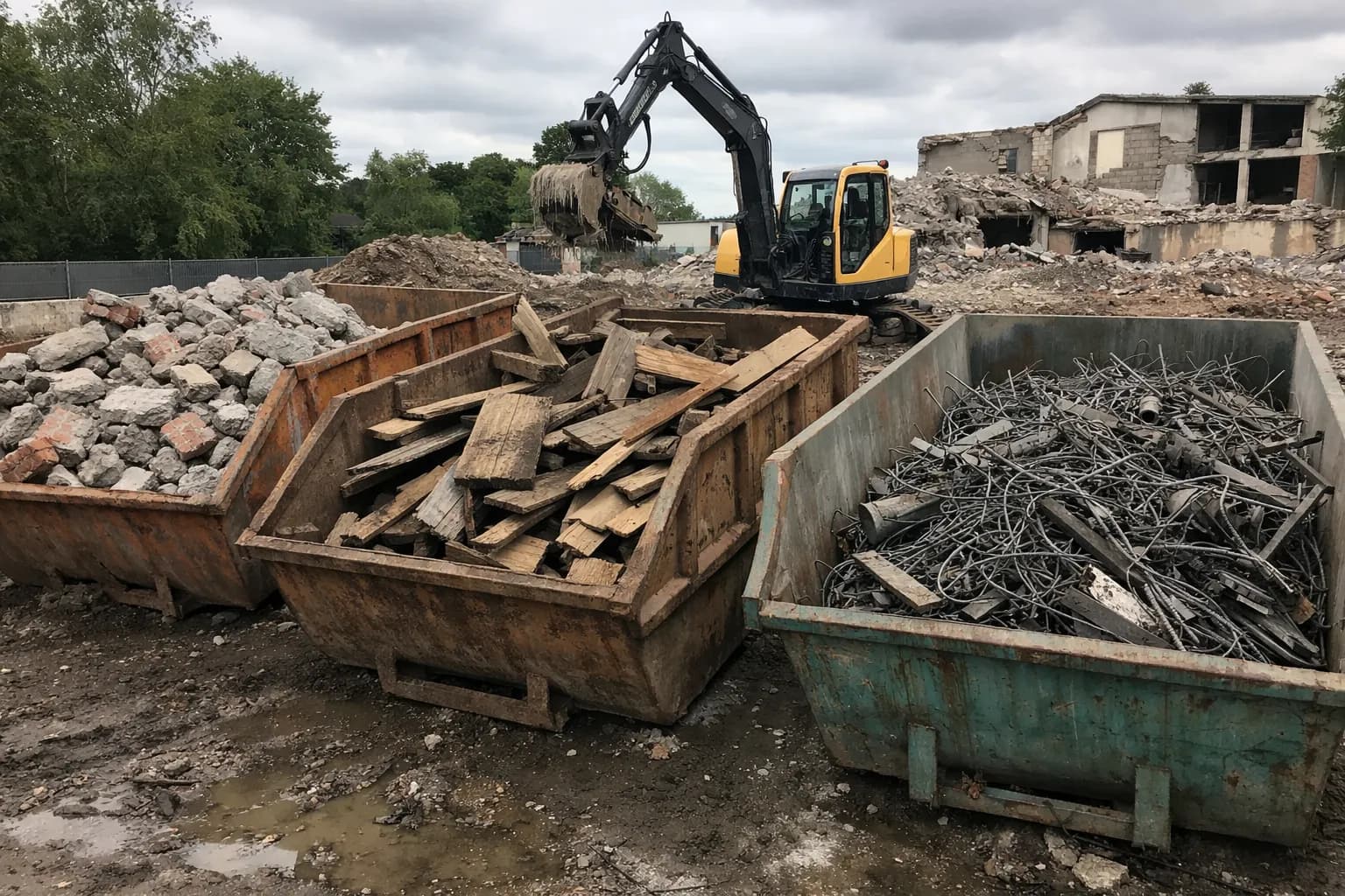 Containerfahrzeug holt sortenrein gefüllte Abbruchcontainer ab, Bauschutt sauber getrennt in Beton, Holz und Metall