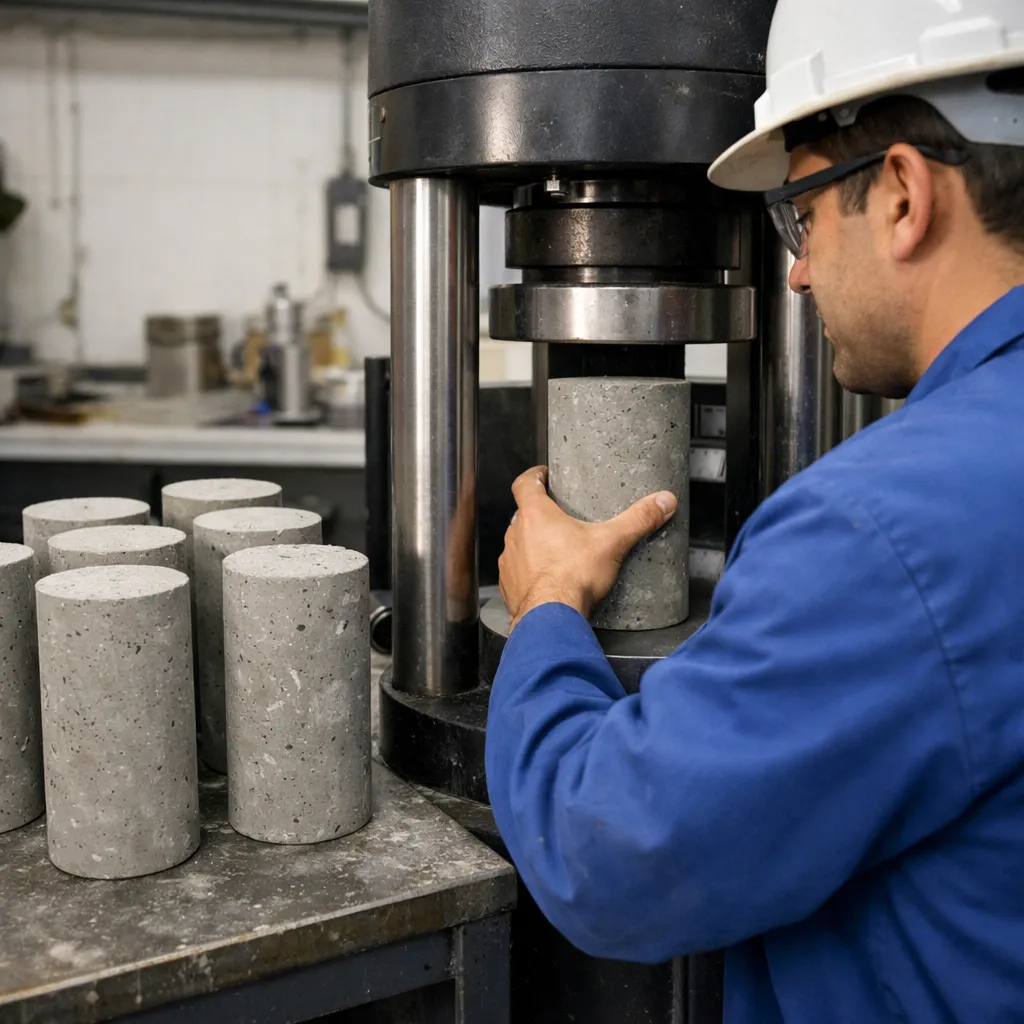 Ingenieur prüft Betonproben im Labor und untersucht die Druckfestigkeit mit einer Prüfmaschine