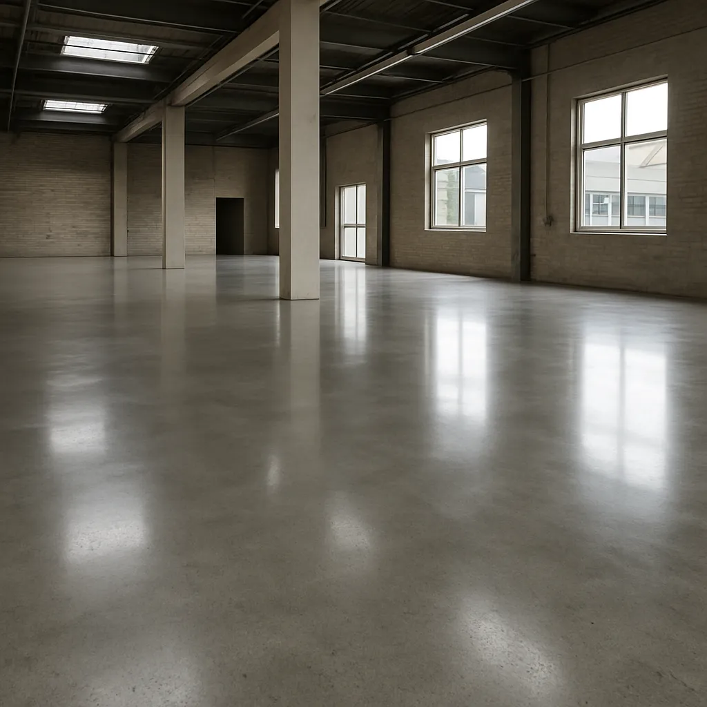 Geschliffener und polierter Industrieboden aus Beton in einer modernen Lagerhalle