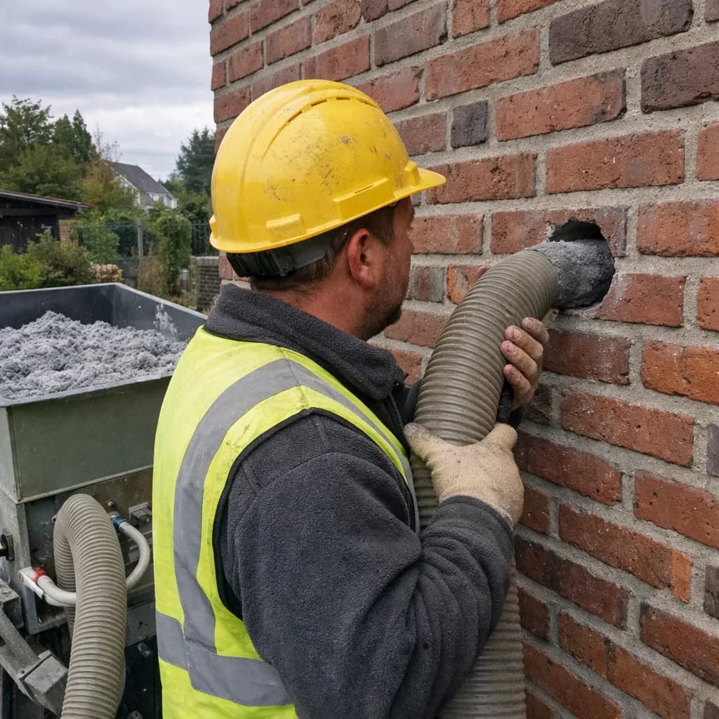 Einblasdämmung wird über einen Spezialschlauch unter Druck in die Hohlschicht eines Klinkerbaus gepumpt, Maschine im Vordergrund