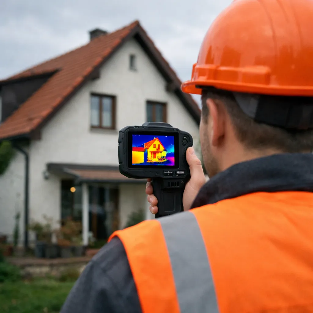 DIBA-Energieberater untersucht die Außenwand eines Einfamilienhauses und erklärt dem Hausbesitzer die Dämmmöglichkeiten