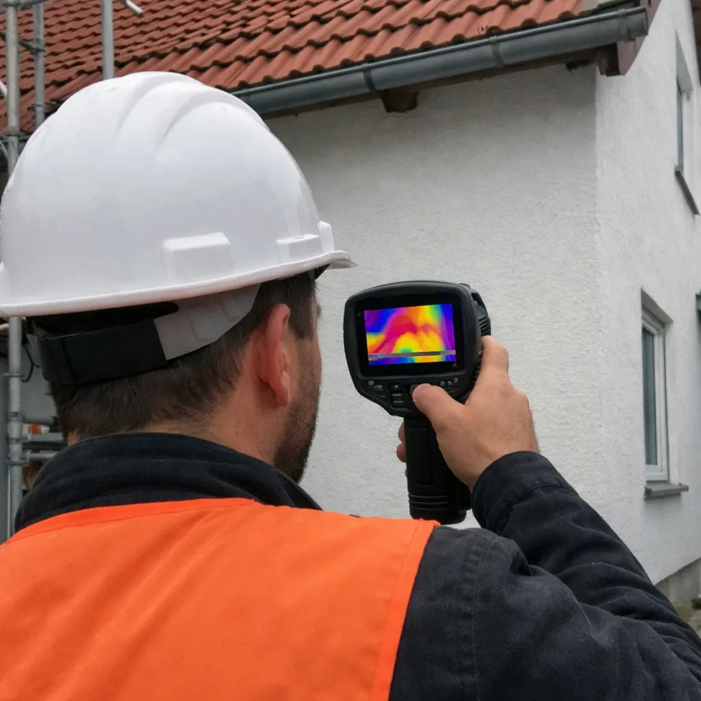 Techniker überprüft mit einer Wärmebildkamera die gleichmäßige Dämmung der Fassade nach der Einblasdämmung