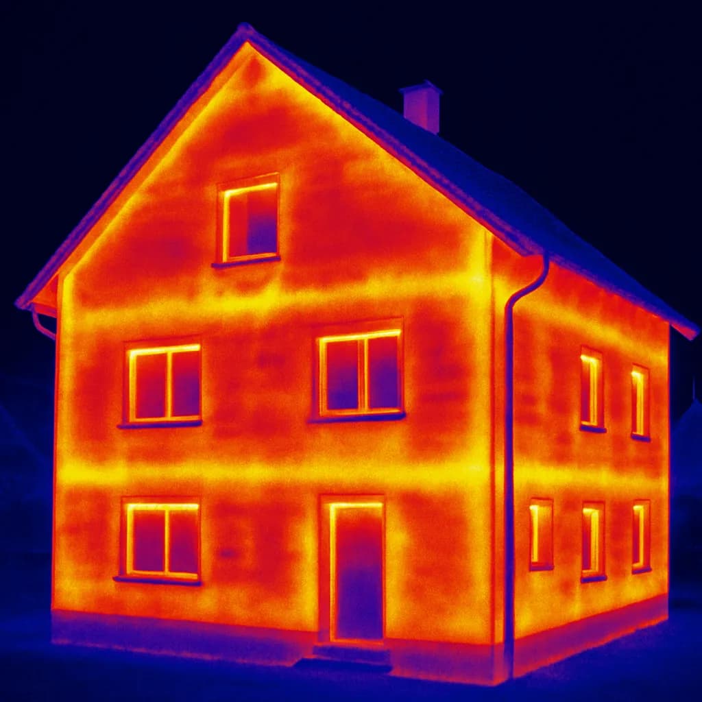 Wärmebildkamera-Aufnahme eines Wohnhauses zeigt Wärmeverluste