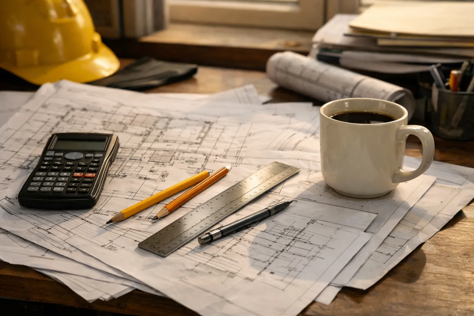 Nahaufnahme eines detaillierten Kostenangebots für Rohbauarbeiten auf einem Schreibtisch mit Taschenrechner und Bauzeichnung