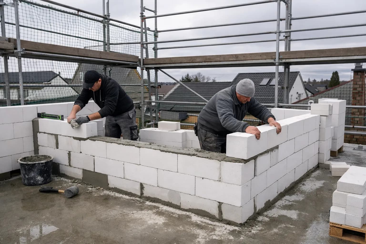 Zwei Maurer setzen Kalksandsteine auf einer Rohbauwand im ersten Obergeschoss, im Hintergrund frisch betonierte Geschossdecke