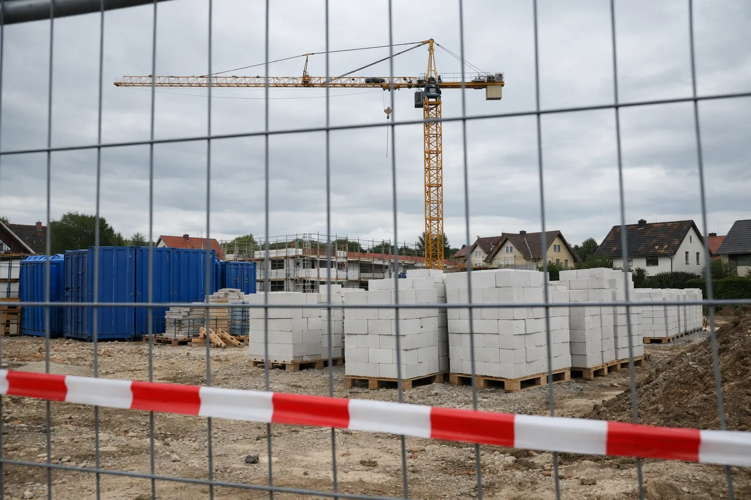 Eingezäunte Baustelle mit Baukran, Materialcontainer und gestapelten Kalksandsteinen, Baustellenschild am Zaun