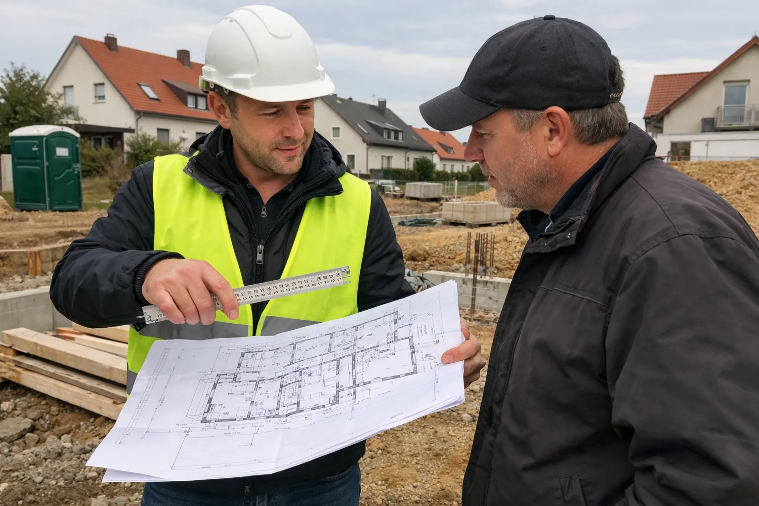 DIBA-Bauleiter bespricht Baupläne mit dem Bauherrn auf einer leeren Baustelle, Zollstock und Bauplan in der Hand