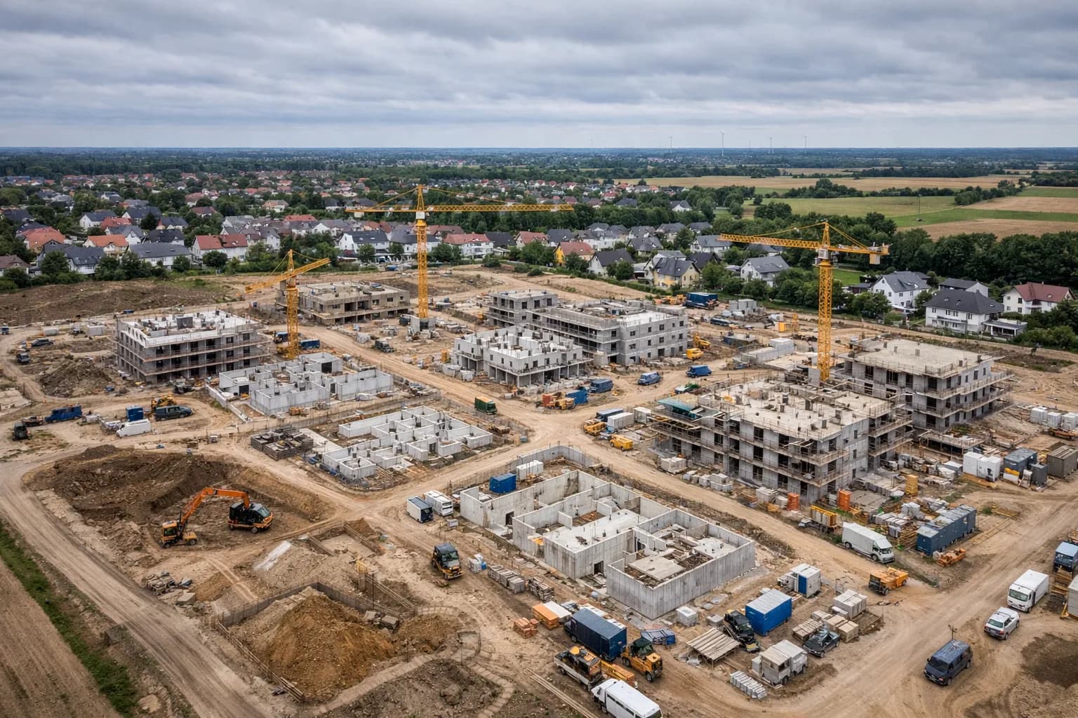 Luftaufnahme einer großen Rohbau-Baustelle mit mehreren Gebäuden in verschiedenen Bauphasen, Kräne und Baufahrzeuge im Einsatz