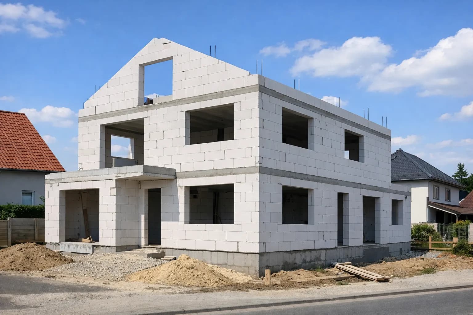 Fertiger Rohbau eines Einfamilienhauses mit sichtbarem Mauerwerk und Betondecken, blauer Himmel im Hintergrund