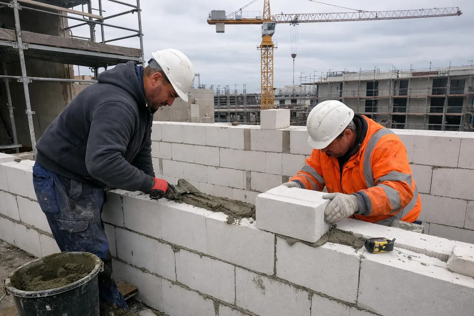 Bauarbeiter mauern eine tragende Außenwand aus Kalksandstein auf einer Rohbau-Baustelle, im Hintergrund ein Baukran und Gerüst