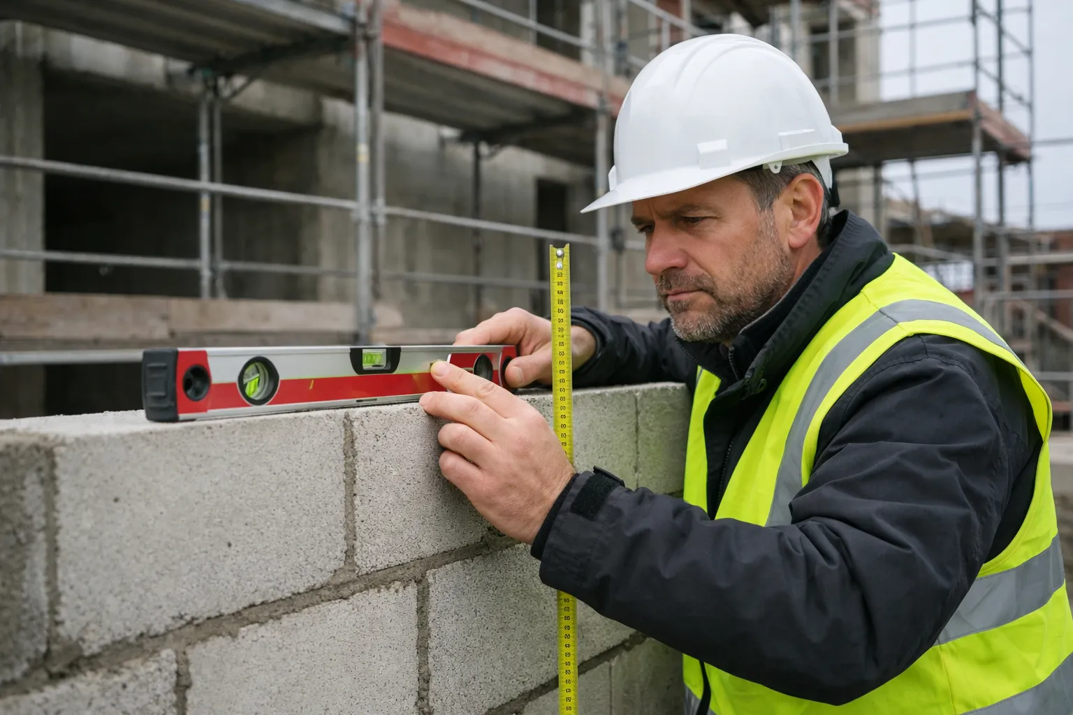 Bauleiter prüft mit Wasserwaage und Maßband die Ausrichtung einer frisch gemauerten Wand auf der Rohbau-Baustelle