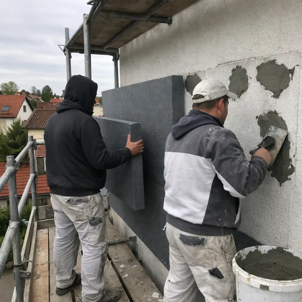 Handwerker bringen ein Wärmedämmverbundsystem an der Außenfassade eines Mehrfamilienhauses an, Gerüst und Dämmmaterial sichtbar