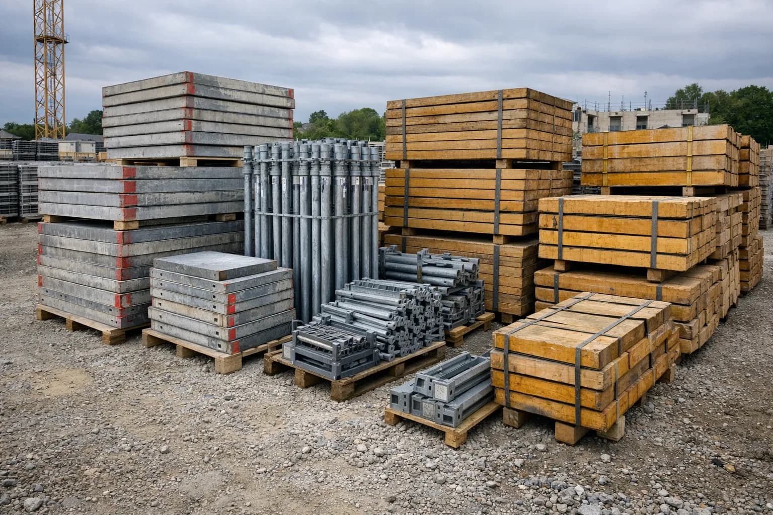 Schalungselemente aus Stahl und Holz ordentlich gestapelt auf einer Baustelle, bereit zum Einsatz