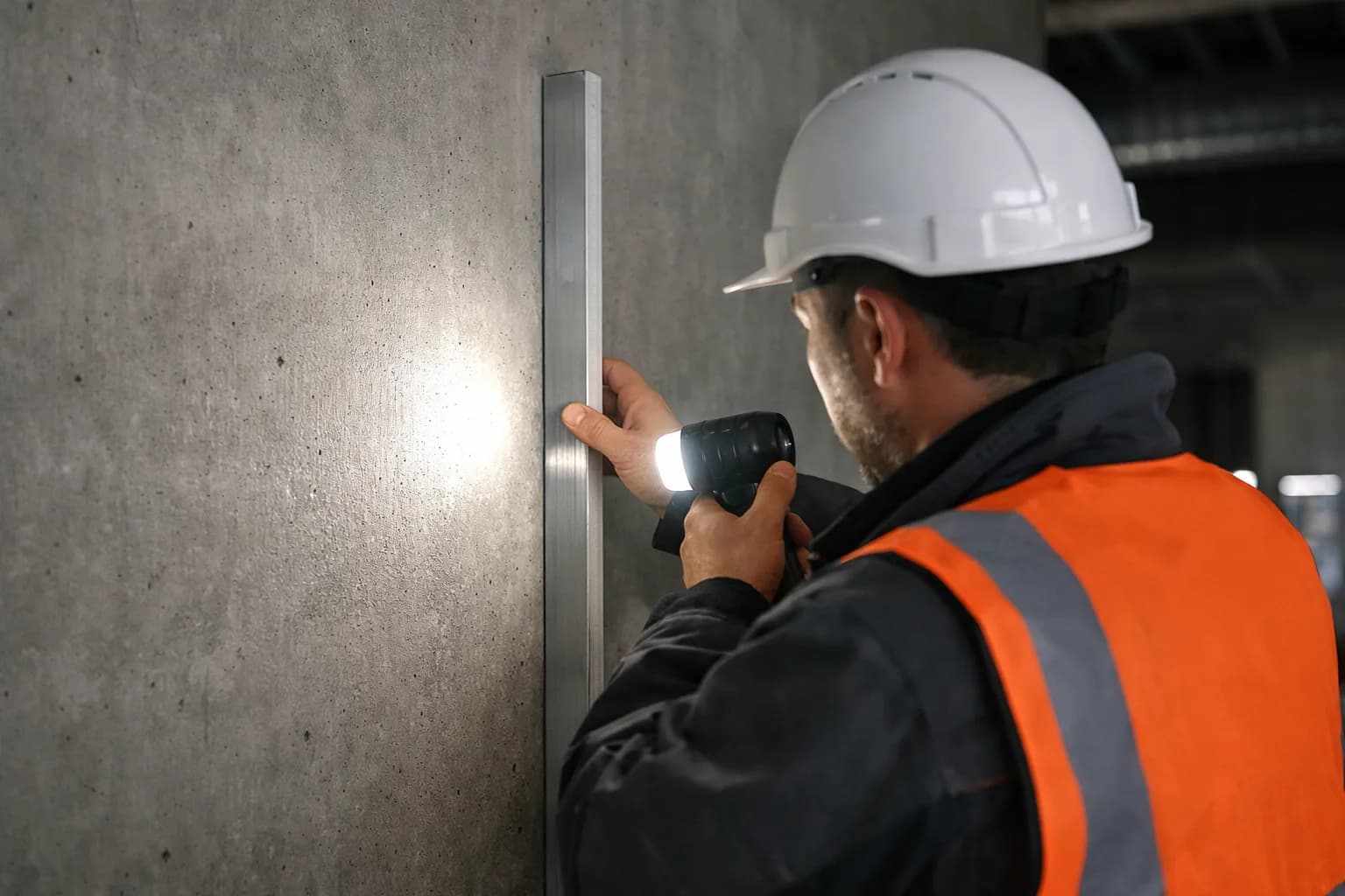 Bauleiter prüft die Oberfläche einer Sichtbetonwand mit Richtlatte und Taschenlampe