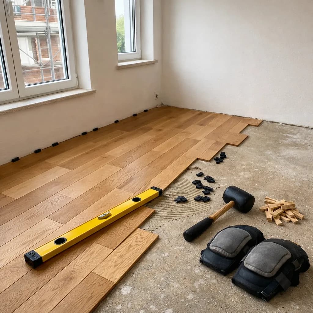 Innenausbau eines Neubaus mit frisch verspachtelten Wänden, verlegten Fußbodenheizungsrohren und Elektroanschlüssen