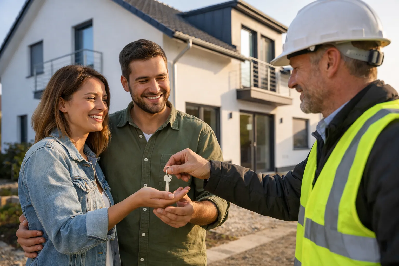 Bauherr erhält symbolisch den Schlüssel vom Bauleiter vor einem fertiggestellten Neubau