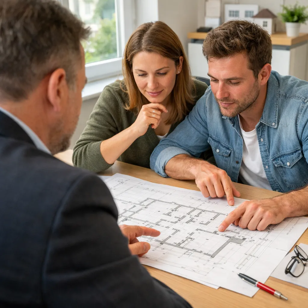 Architekt und Bauherr sitzen am Tisch und besprechen Entwurfszeichnungen für ein neues Wohnhaus