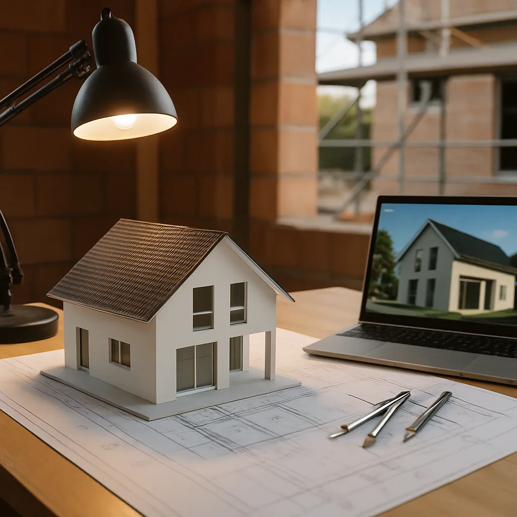 Architektur-Modell eines Einfamilienhauses auf einem Schreibtisch neben Bauzeichnungen und einem Laptop mit 3D-Planung