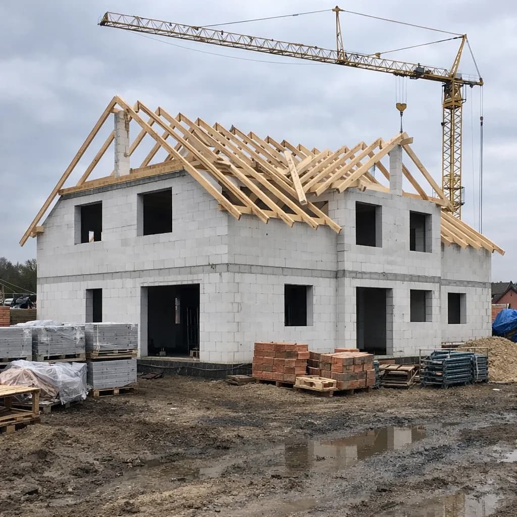 Rohbau eines zweistöckigen Wohnhauses mit fertig gemauerter Außenwand und eingesetzter Betondecke