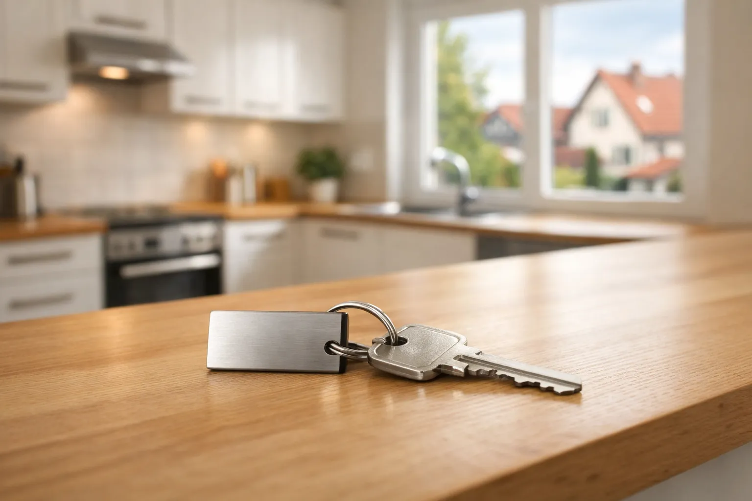 Bauherr erhält den Hausschlüssel vom Projektleiter vor dem bezugsfertigen Neubau mit gepflegtem Vorgarten